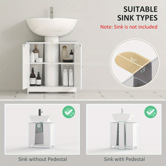 White Bathroom Under Sink Cabinet With Two Doors And Shelf For Pedestal Sinks