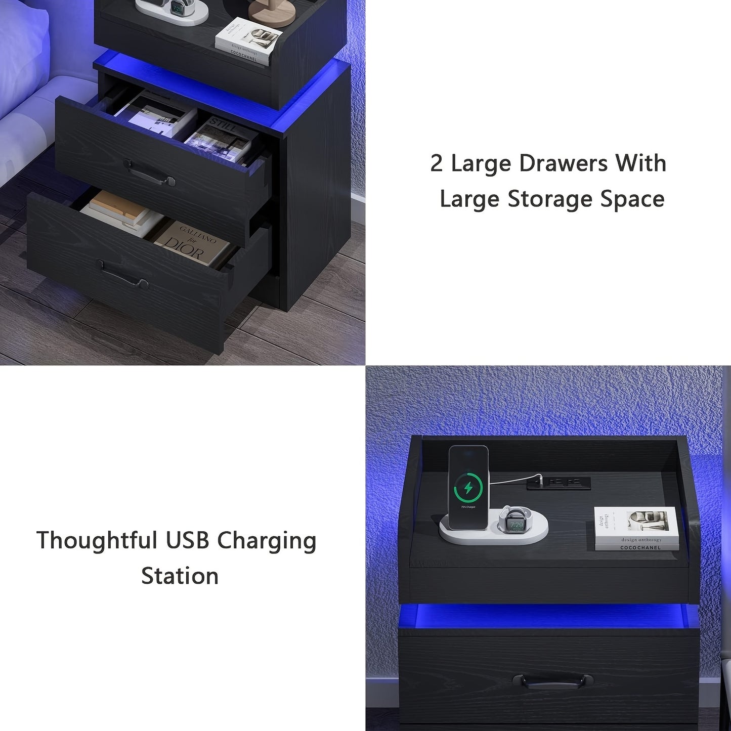 Nightstand With Charging Station And LED Lights Modern End Table With 2 Drawers