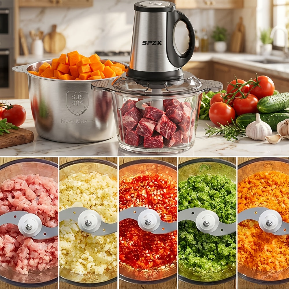 Stainless Steel Electric Food Chopper Meat Grinder With 2 Bowls 2 Blades