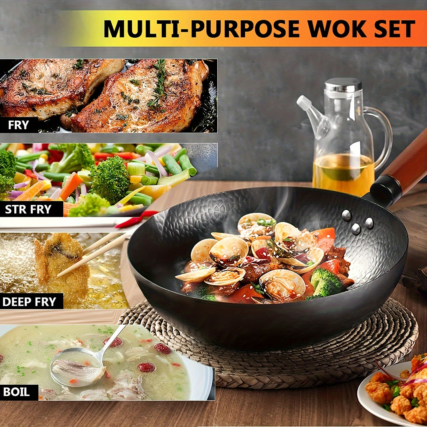 [Nonstick Wok With Lid] 1set Nonstick Wok With Lid - Heat-resistant Cooking Surface, Versatile For All Stovetops - Includes Cookware Accessories