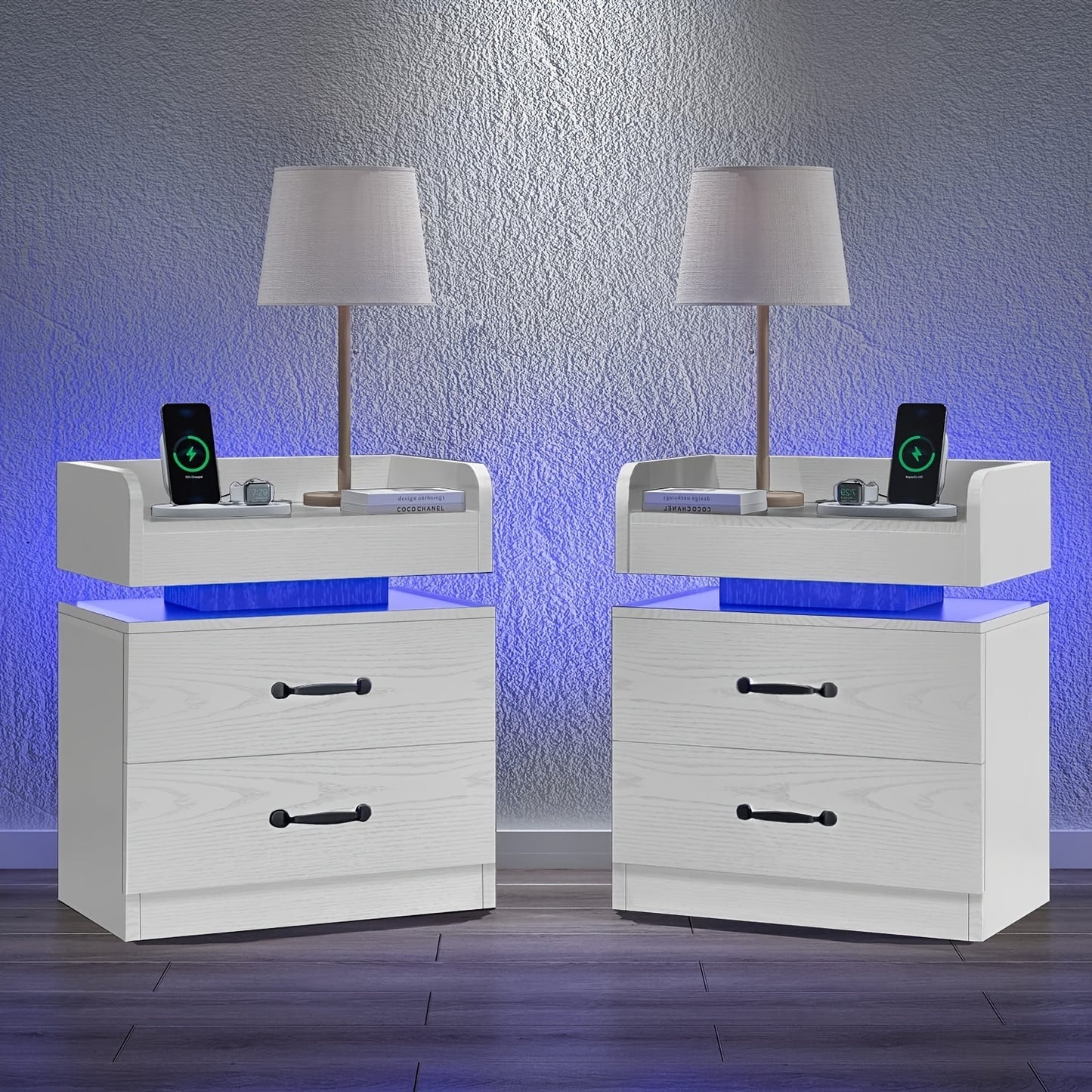 Nightstand With Charging Station And LED Lights Modern End Table With 2 Drawers