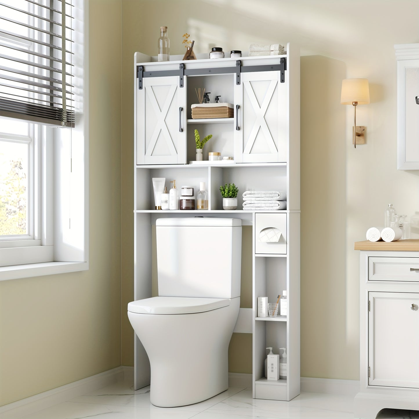 Over The Toilet Storage Cabinet With Toilet Paper Holder Stand Space Saving Grey