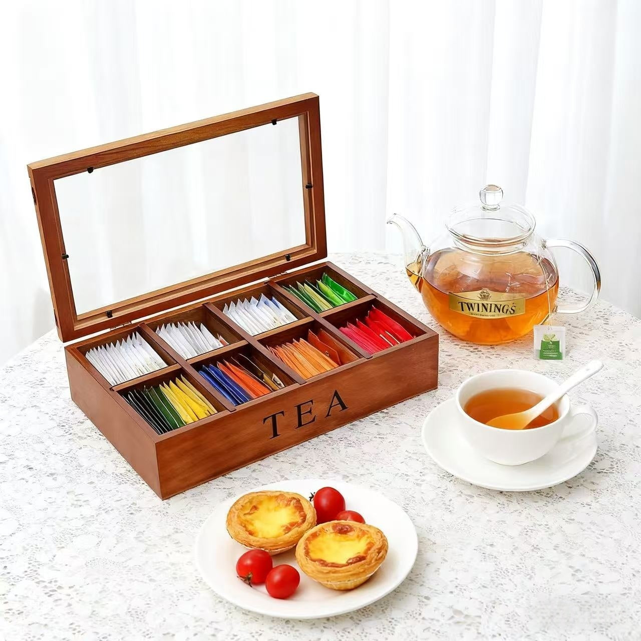 IDUK 8 Grid Solid Wood Tea Bag Organizer With Transparent Flip Top Lid