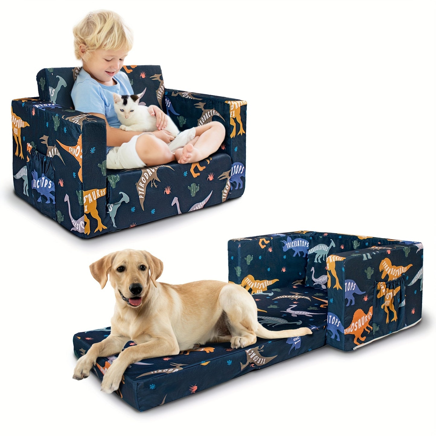 Kids Convertible Sofa Bed Lounge Chair Dinosaur Print