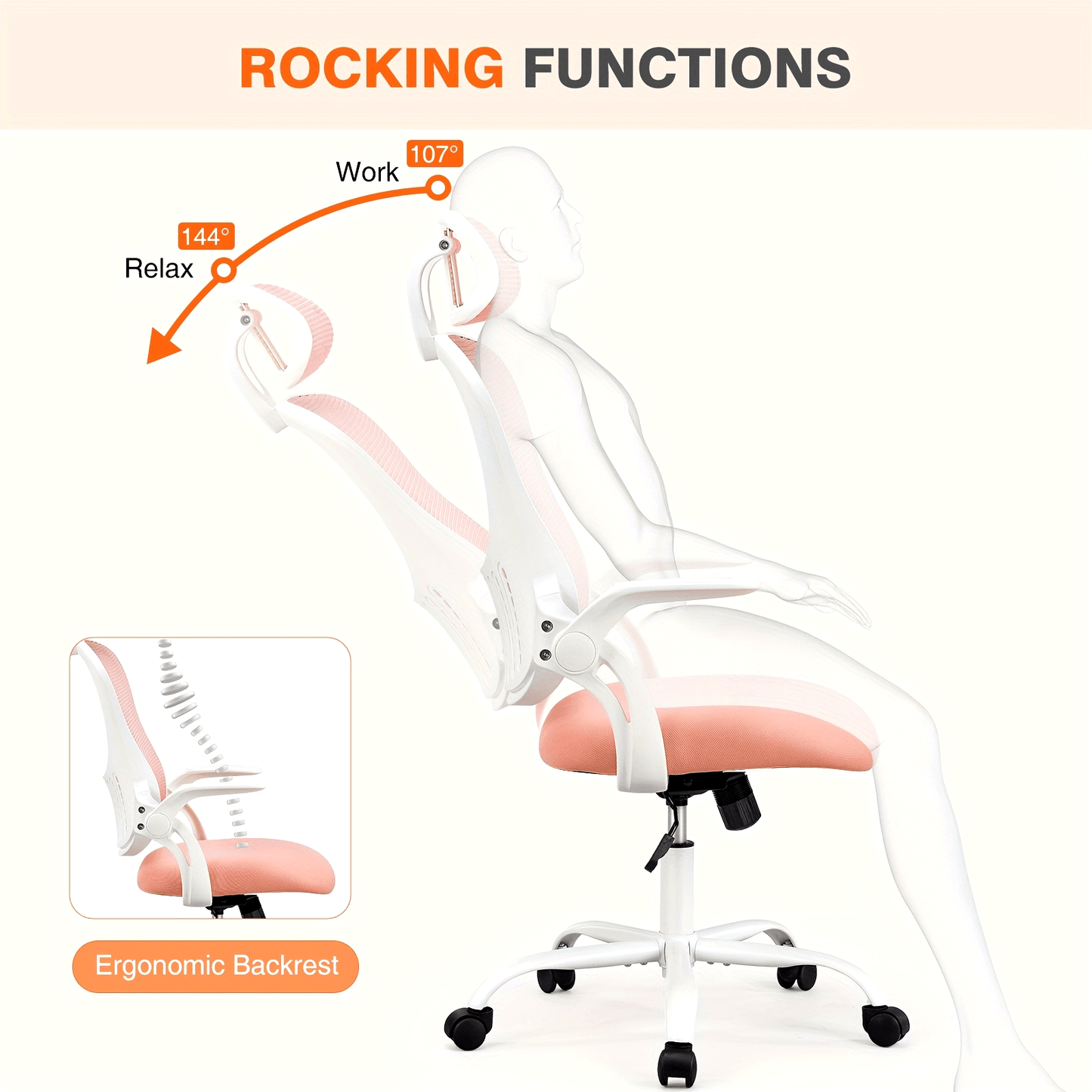 OLIXIS Ergonomic Office Desk Computer Chair, High Back Comfy Swivel Home Gaming Mesh Chairs with Wheels, Adjustable Headrest, Comfortable Lumbar Support, Flip-up Arms, 144° Tilt for Study