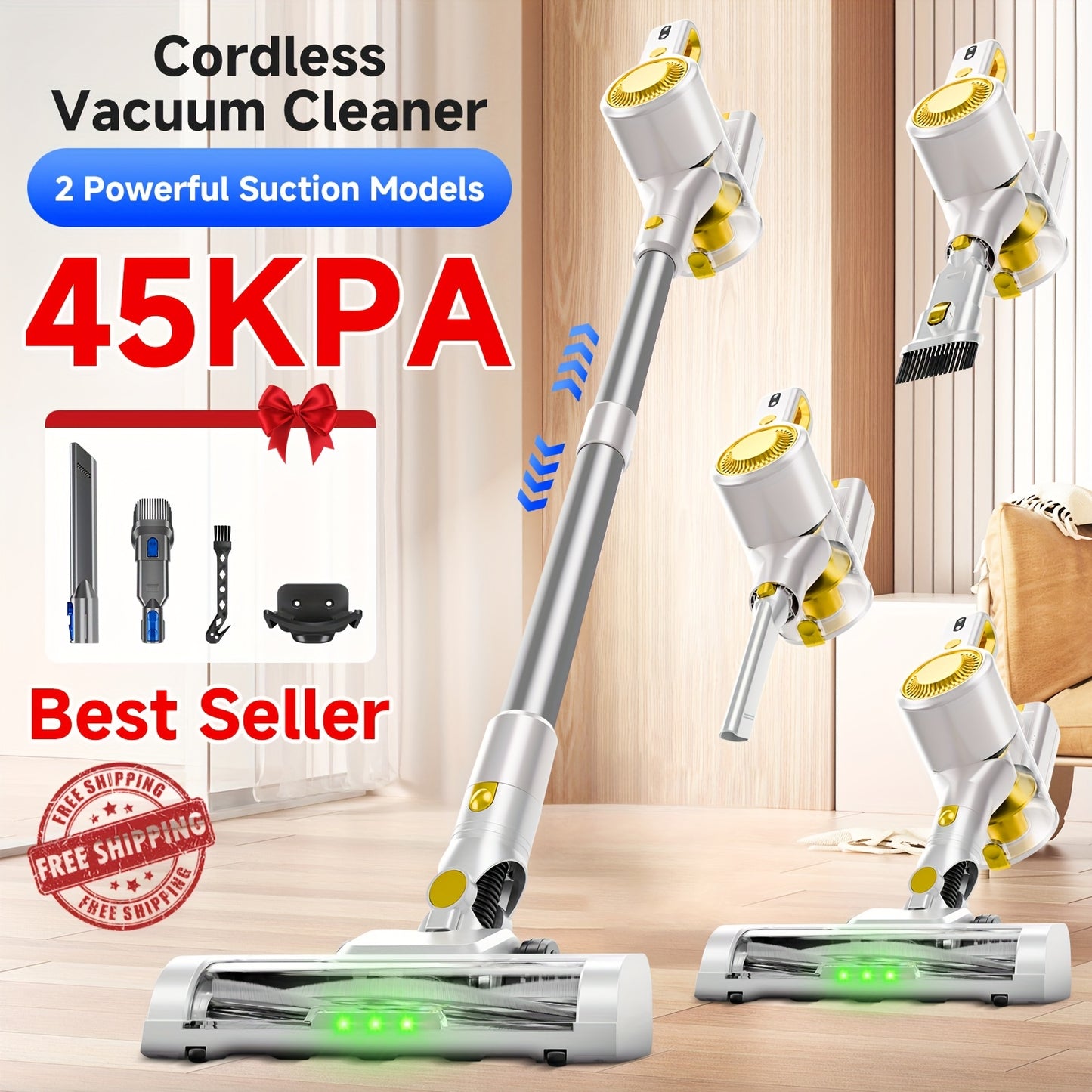 35-45 KPA Cordless Lightweight Vacuum Cleaner With Upgraded Green LED, Anti-tangle Brush, Removable Battery, Multiple Suction Levels, Up To 45 Minutes Of Battery Life, Women's Car Accessories, Vacuum Cleaner For Carpets, Pet