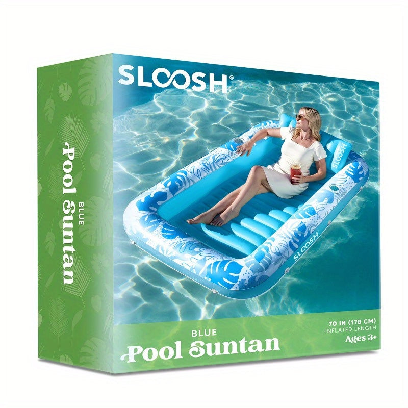 SYNCFUN Inflatable Tanning Pool Lounger Float, 70" x 46" Pool Floats Adult with Pillow, 4in 1 Suntan Tub Raft Floatie, Sunbathing Bed Lounge for Water Blow Up Kids Ball Pit Party Gifts, Party Packs, L-Blue