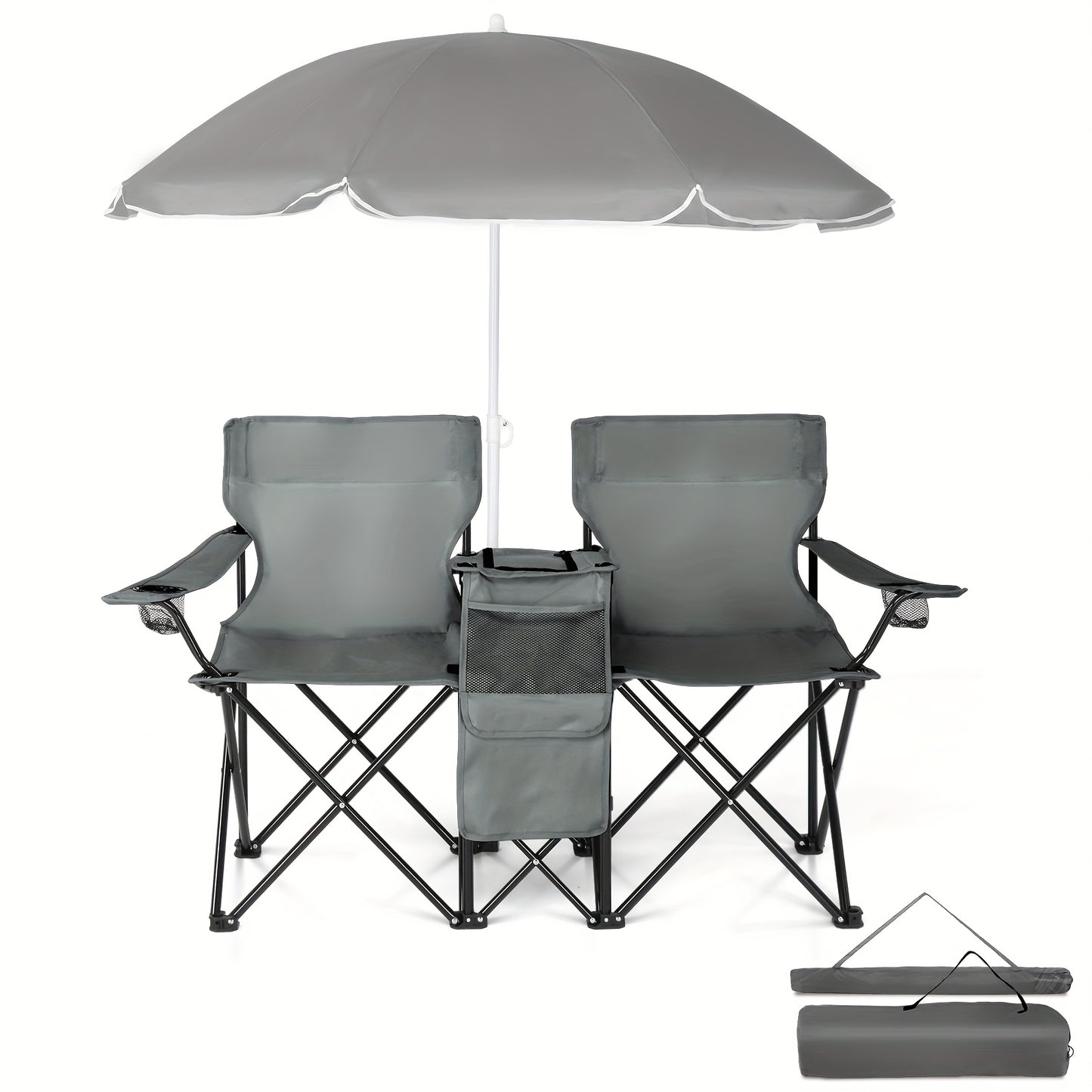 Outdoor Folding Chair 2 Seat Portable With Removable Sun Umbrella Blue