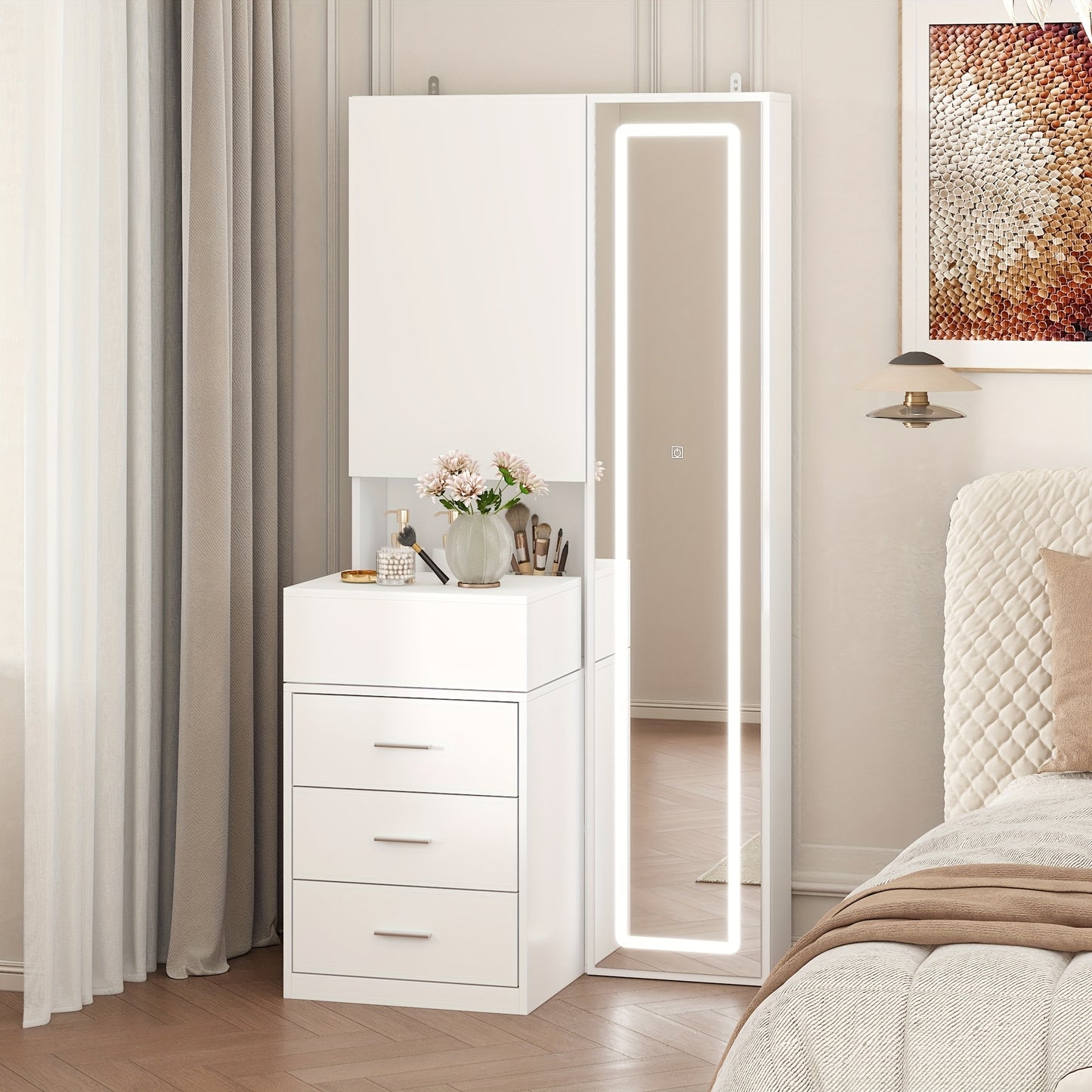Modern Vanity Table With Drawers And Illuminated Full Body Mirror White