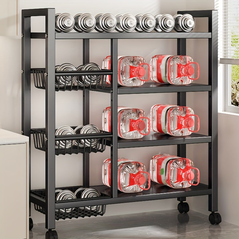 Movable 4-Tier Adjustable Kitchen Storage Rack With Wheels And Wire Baskets