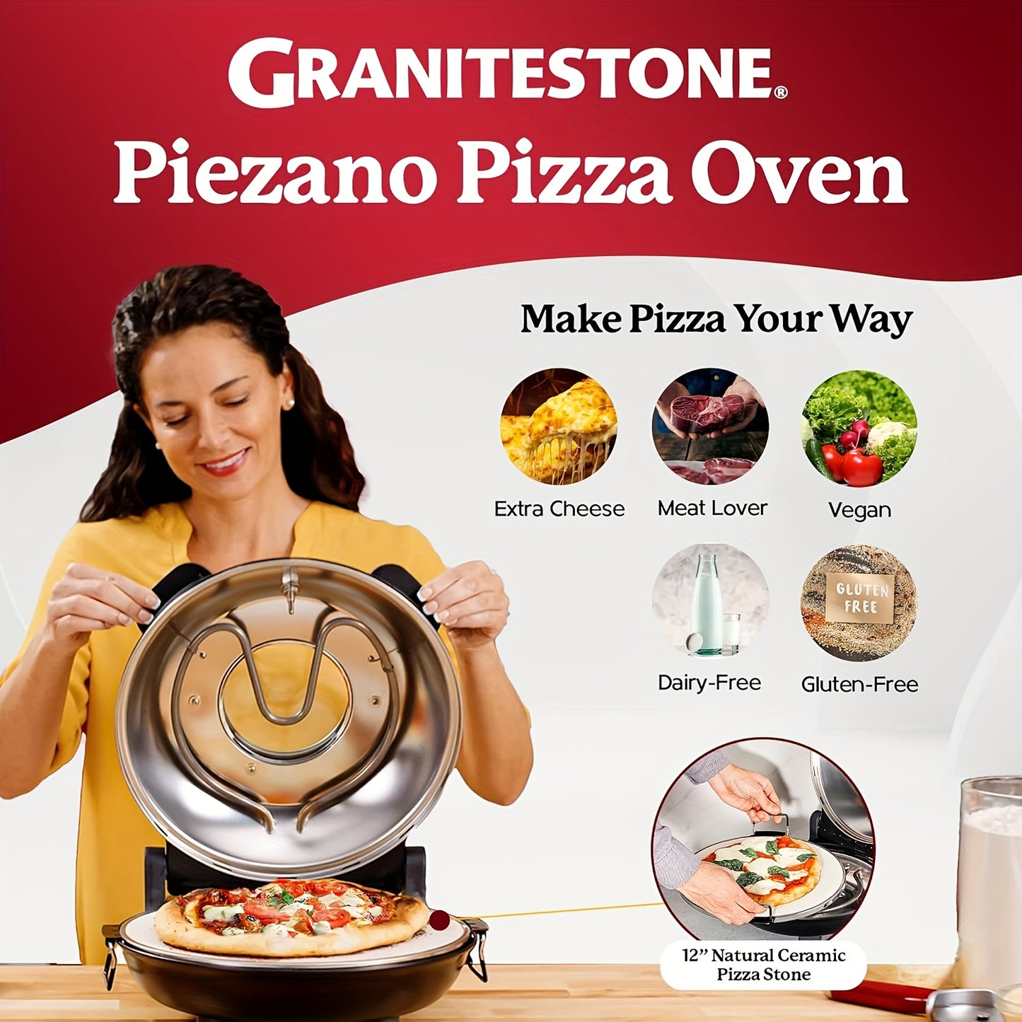 12-Inch Electric Pizza Oven With Ceramic Stone - 800F Fast-Heating Countertop Oven, Energy-Efficient For Parties & Gift-Giving. Compact Pizza Maker For Neapolitan/Deep-Dish Pizzas, Ideal For Home Kitchen & Cooking Enthusiasts