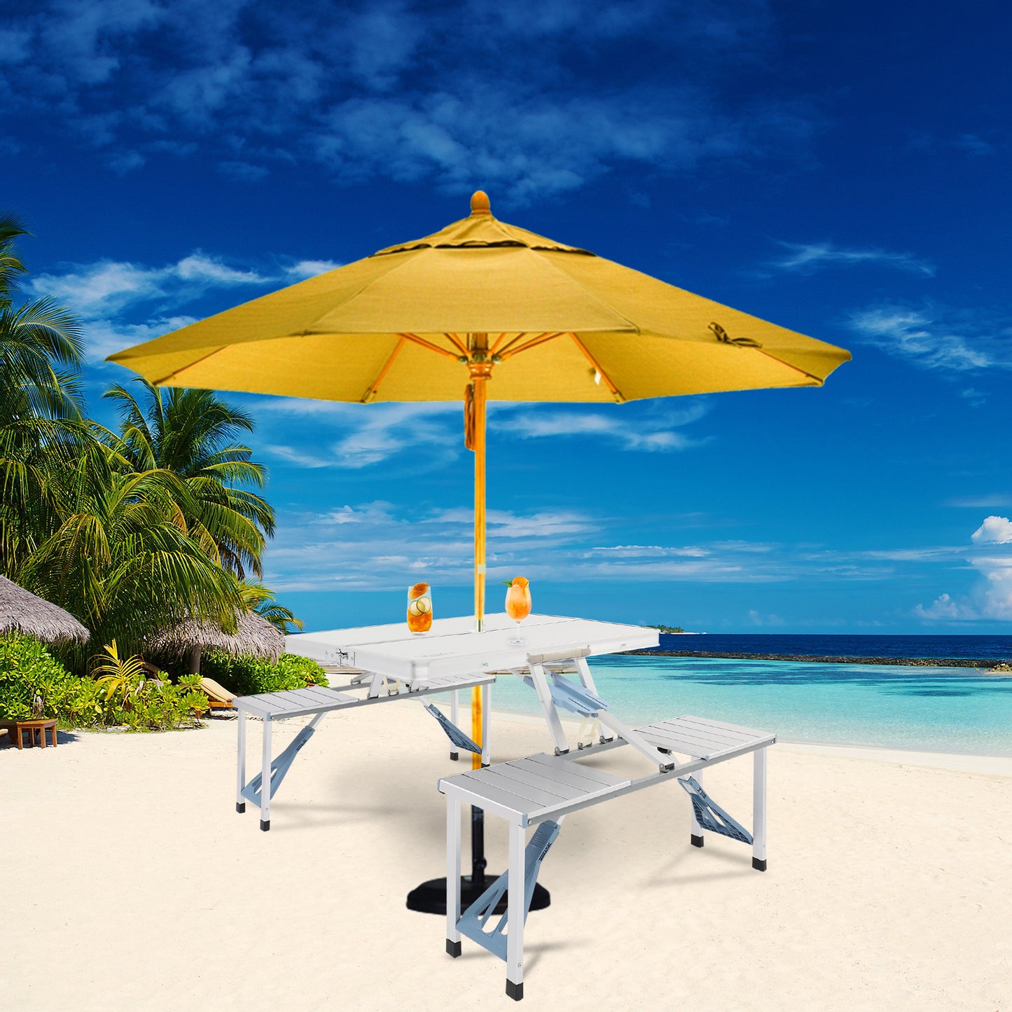 4 Ft Folding Camping Table With 4 Seats And Umbrella Hole