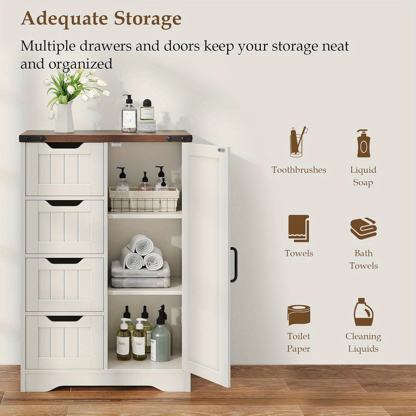 White Freestanding Rustic Slim Bathroom Storage Cabinet With 4 Drawers And Door