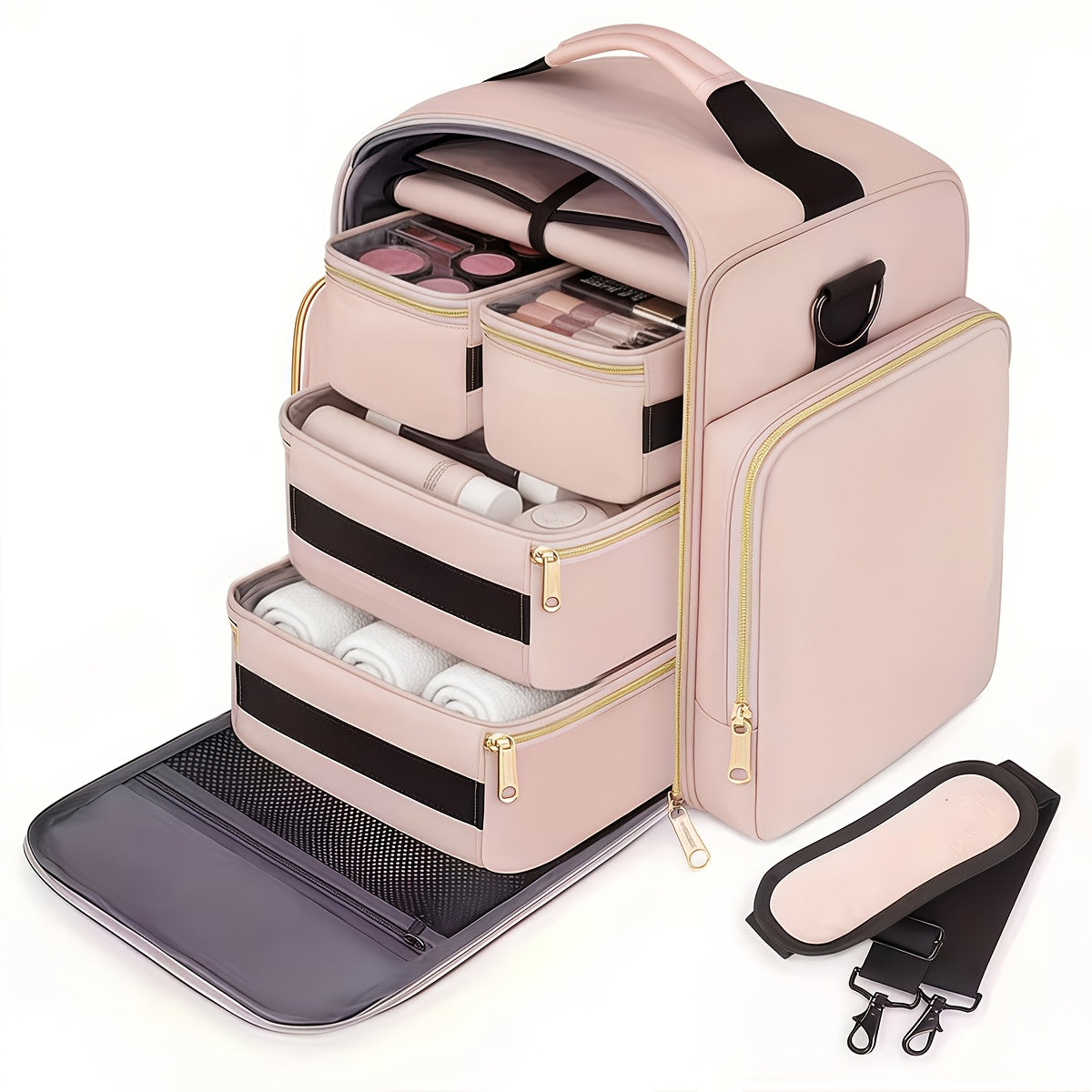 JIASLING Makeup Bag Organizer With 4 Removable Pouches And Jewelry Roll