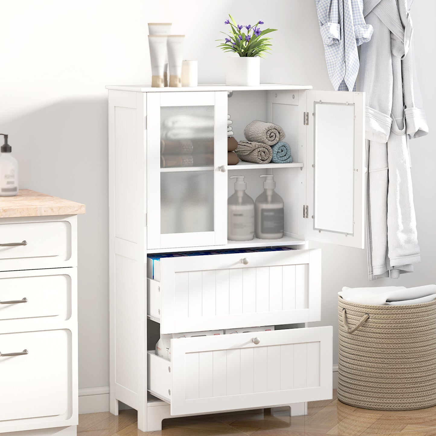 Modern White Floor Cabinet With 2 Frosted Glass Doors And 2 Drawers