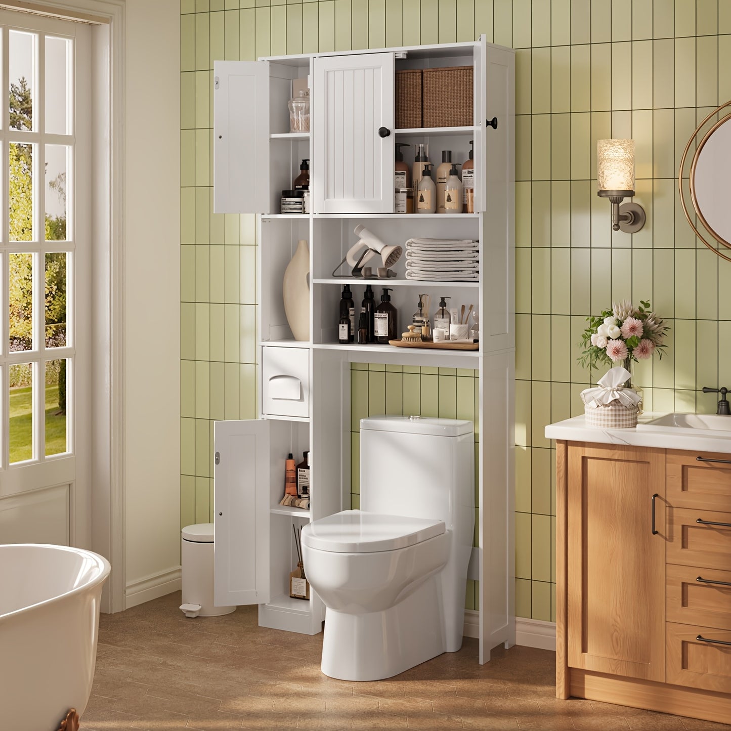 Over The Toilet Storage Cabinet With Adjustable Shelves 5 Doors Bathroom White