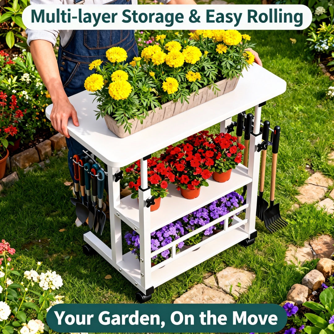 Sturdy Adjustable Height Garden Workbench With Lockable Wheels Metal Frame