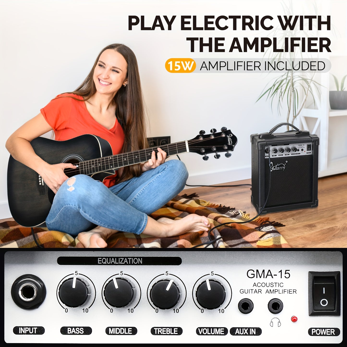 Premium Folk Guitar Kit with 15W Amp and Onboard 4 Band EQ
