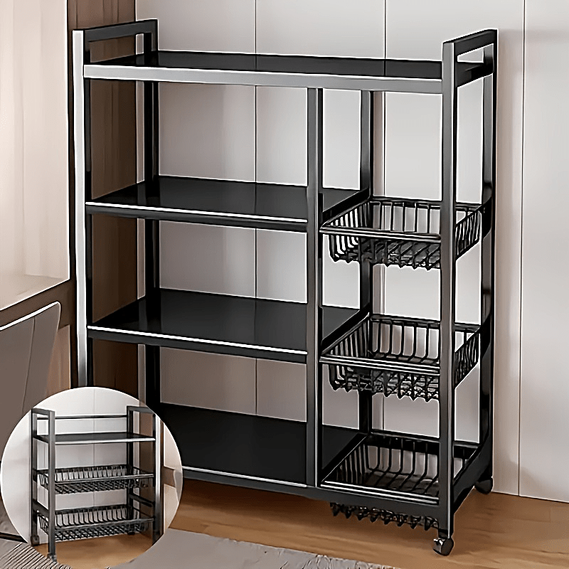 Movable 4-Tier Adjustable Kitchen Storage Rack With Wheels And Wire Baskets