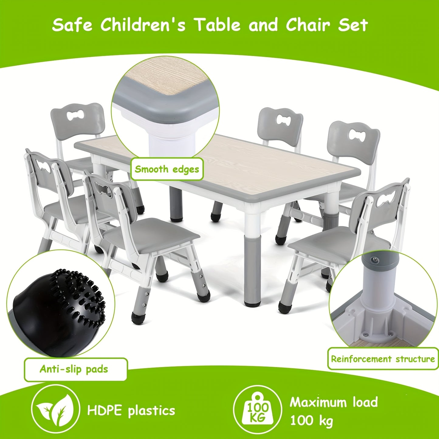 Modern Kids Table And Six Chairs Gray Plastic Easy Assembly