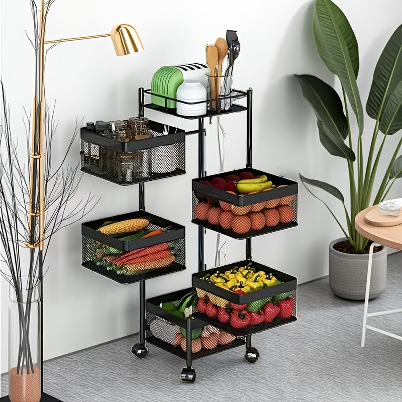 5 Tier Rotating Storage Shelf With Rolling Baskets Metal Mobile Bookcase Office