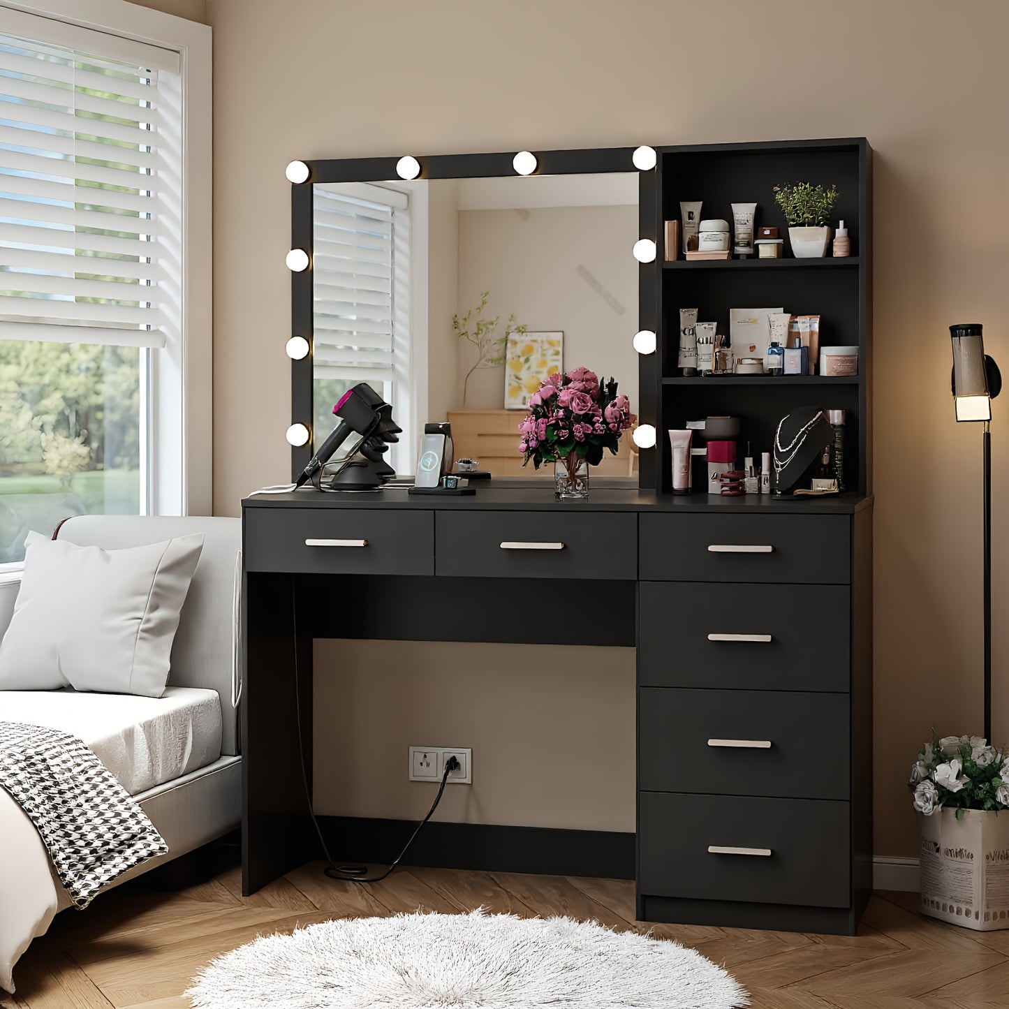 Modern Makeup Vanity Table With Lighted Mirror 6 Drawers 3 Color LED Lights