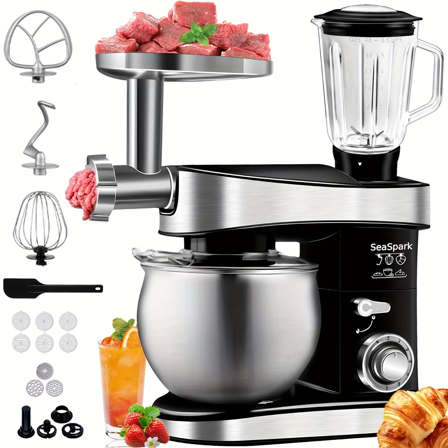 6-in-1 Electric Vertical Mixer, 400W 6-speed with Pulse Button, Accessories with 6.3QT Stainless Steel Bowl, Mixer, Dough Hook, Egg Beater, Spatula, Juicer Accessories, Meat Grinder Accessories and Noodle Pressing Accessories