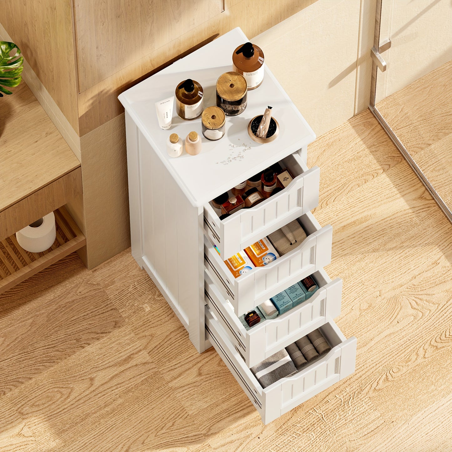 Small Freestanding Bathroom Storage Cabinet With 4 Drawers 33 Inch White