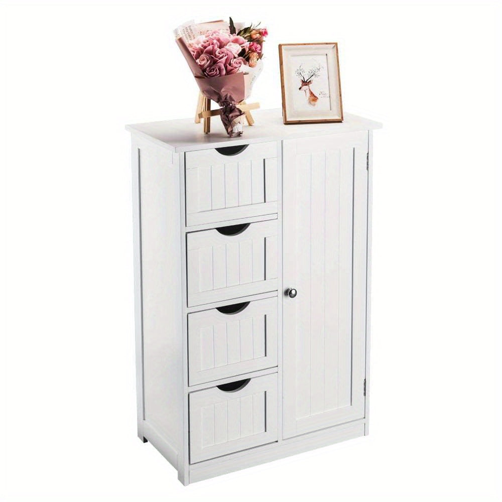 White Bathroom Floor Cabinet Side Storage With 4 Drawers 1 Cupboard 2 Shelves