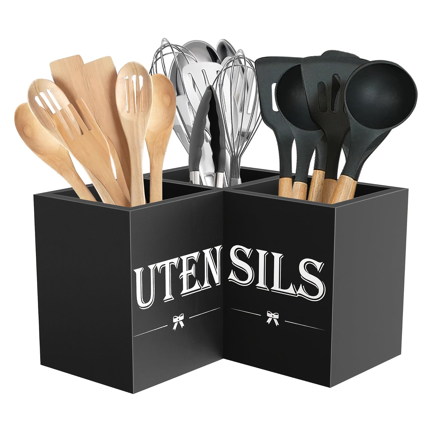 Extra Large Wooden Utensil Holder With 3 Compartments For Spatulas And Spoons