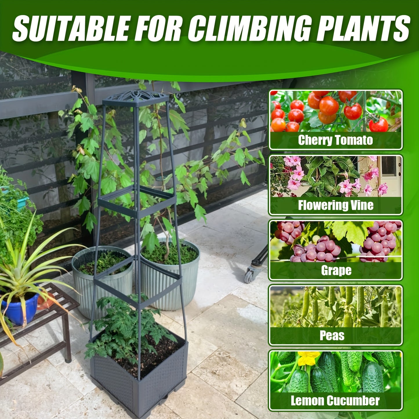 2 Pack 44.8Inch Self-Watering Tomato Planter Box With Trellis, Trapezoidal Climbing Cage For Patio Garden Indoor Outdoor