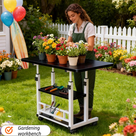 Sturdy Adjustable Height Garden Workbench With Lockable Wheels Metal Frame