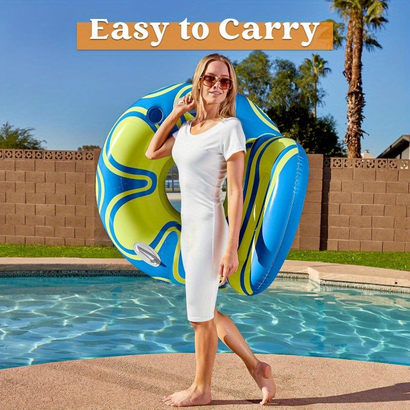 SYNCFUN Inflatable Pool Float Lounger - River Tube Floating Chair Sofa With Big Backrest, Blow Up Floaties Lake Raft Lounge With Mesh Bottom Handle Cup Holder Pool Party Toys For Adults(Blue Yellow)