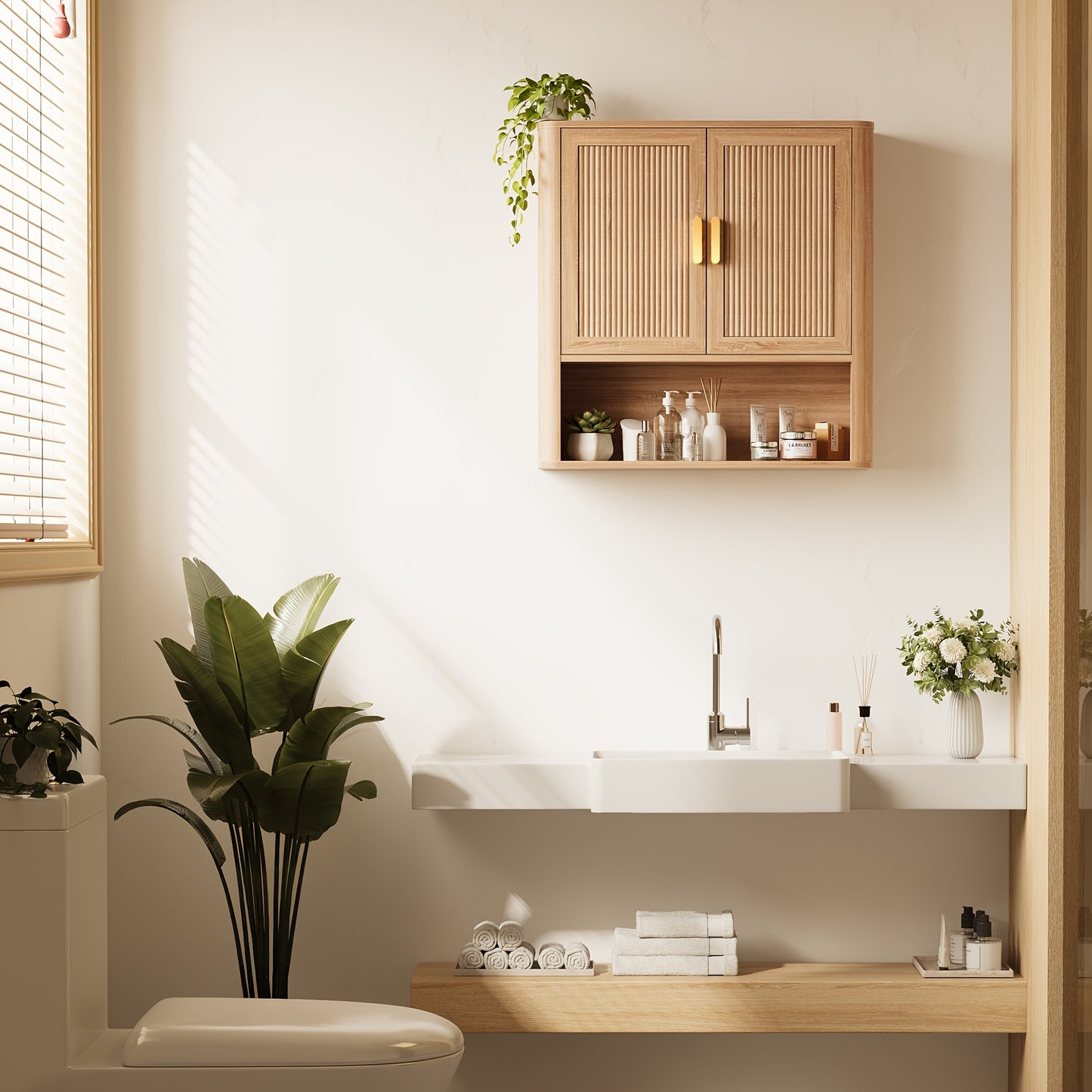 Natural Oak Wood Doors Over Toilet Storage Cabinet With Adjustable Shelves
