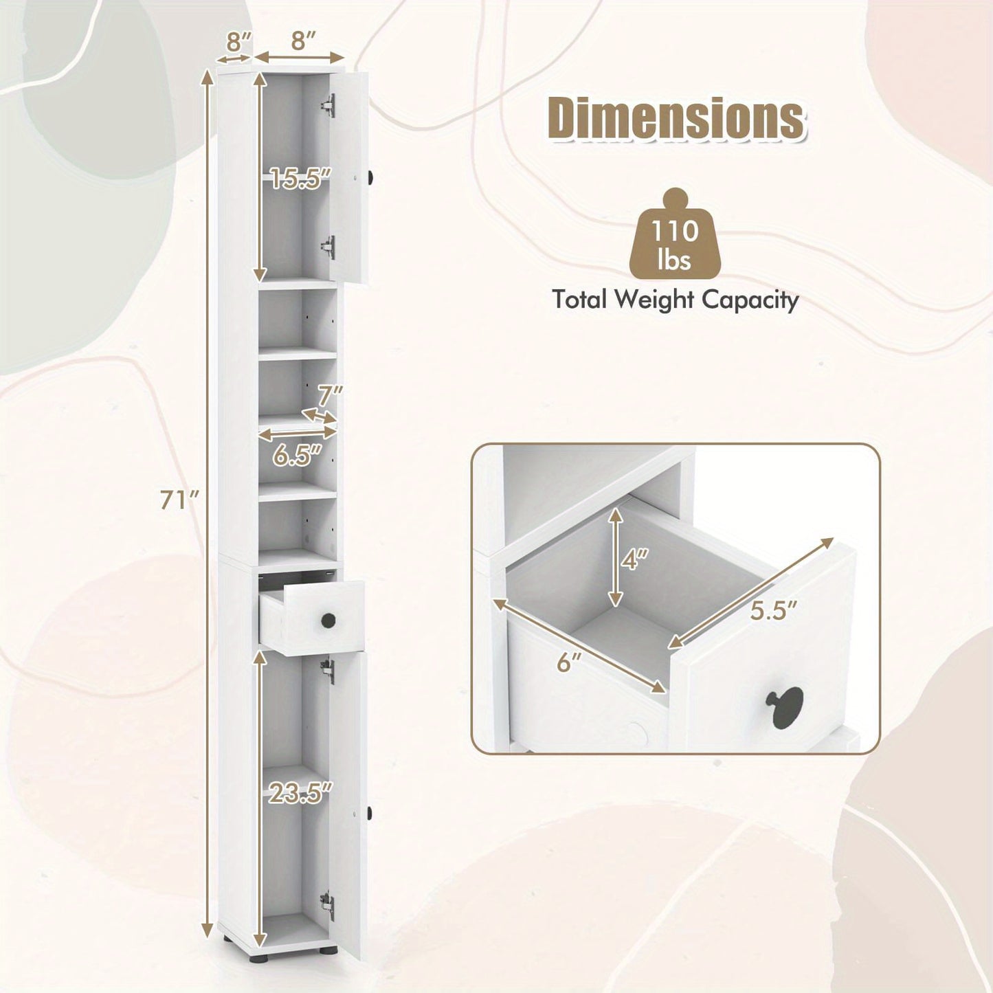 Costway Slim Bathroom Tall Cabinet Storage Organizer 2 Doors 1 Drawer 71 Inches