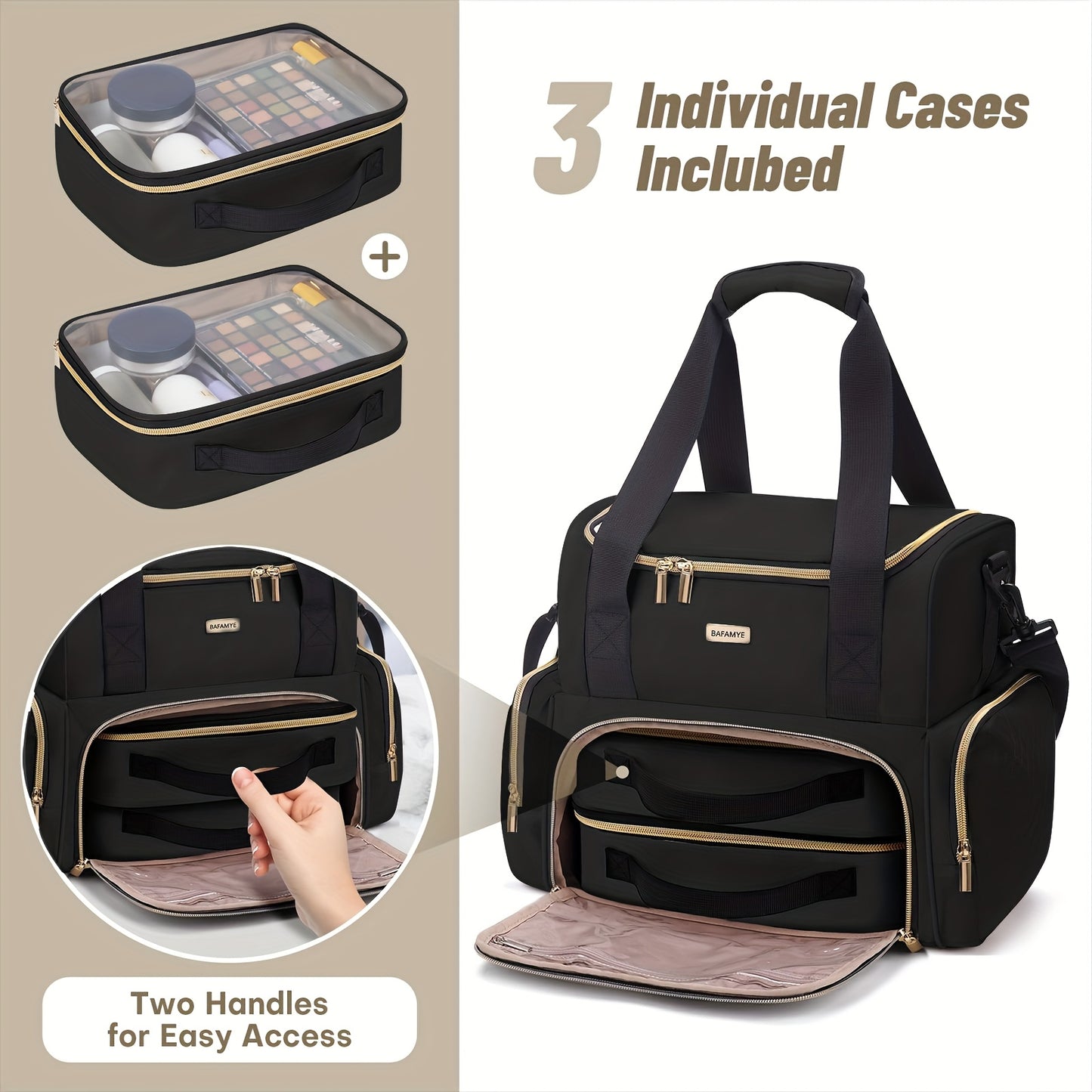 Large Makeup Cosmetic Bag With 2 Removable Cases Double Layer Travel Organizer