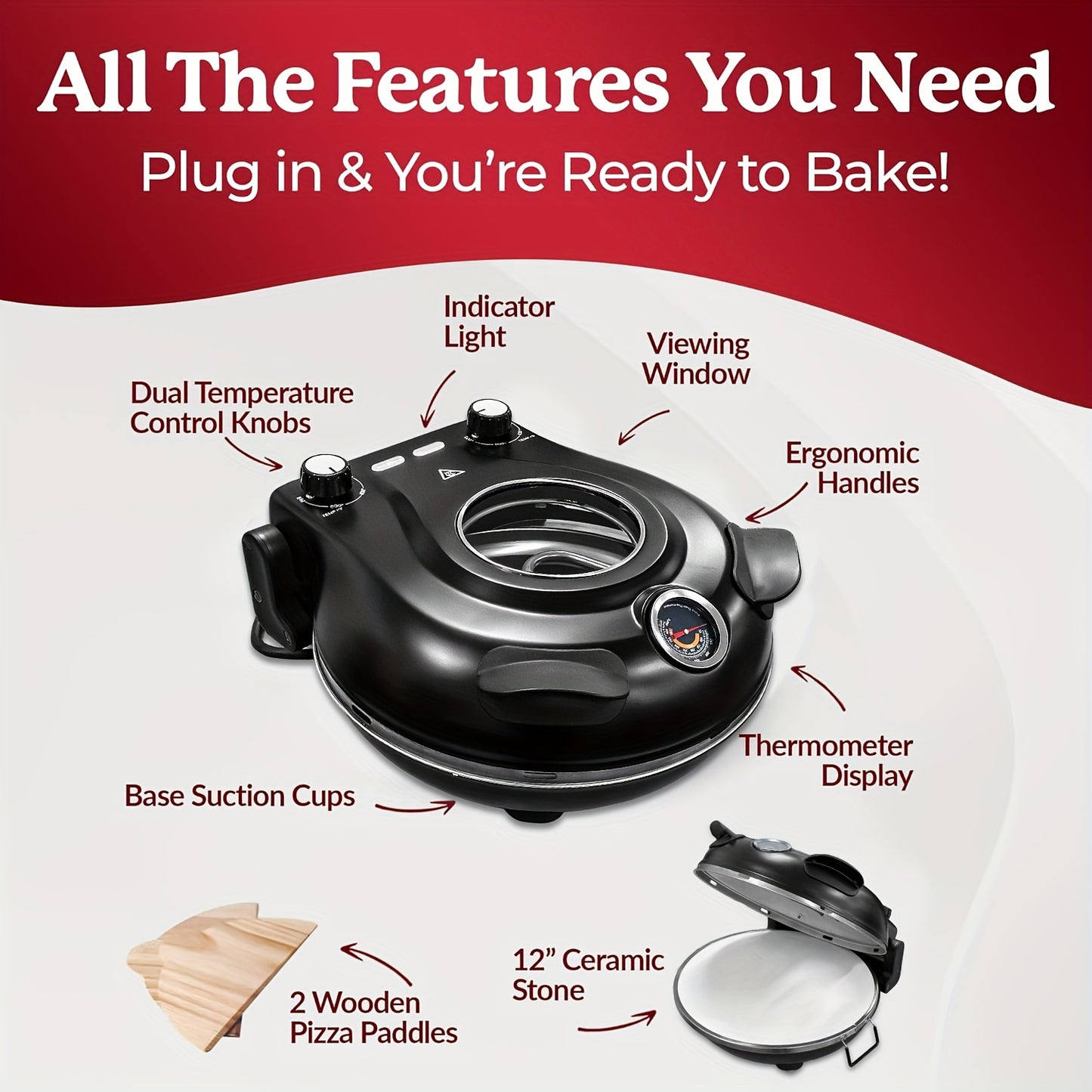 12-Inch Electric Pizza Oven With Ceramic Stone - 800F Fast-Heating Countertop Oven, Energy-Efficient For Parties & Gift-Giving. Compact Pizza Maker For Neapolitan/Deep-Dish Pizzas, Ideal For Home Kitchen & Cooking Enthusiasts