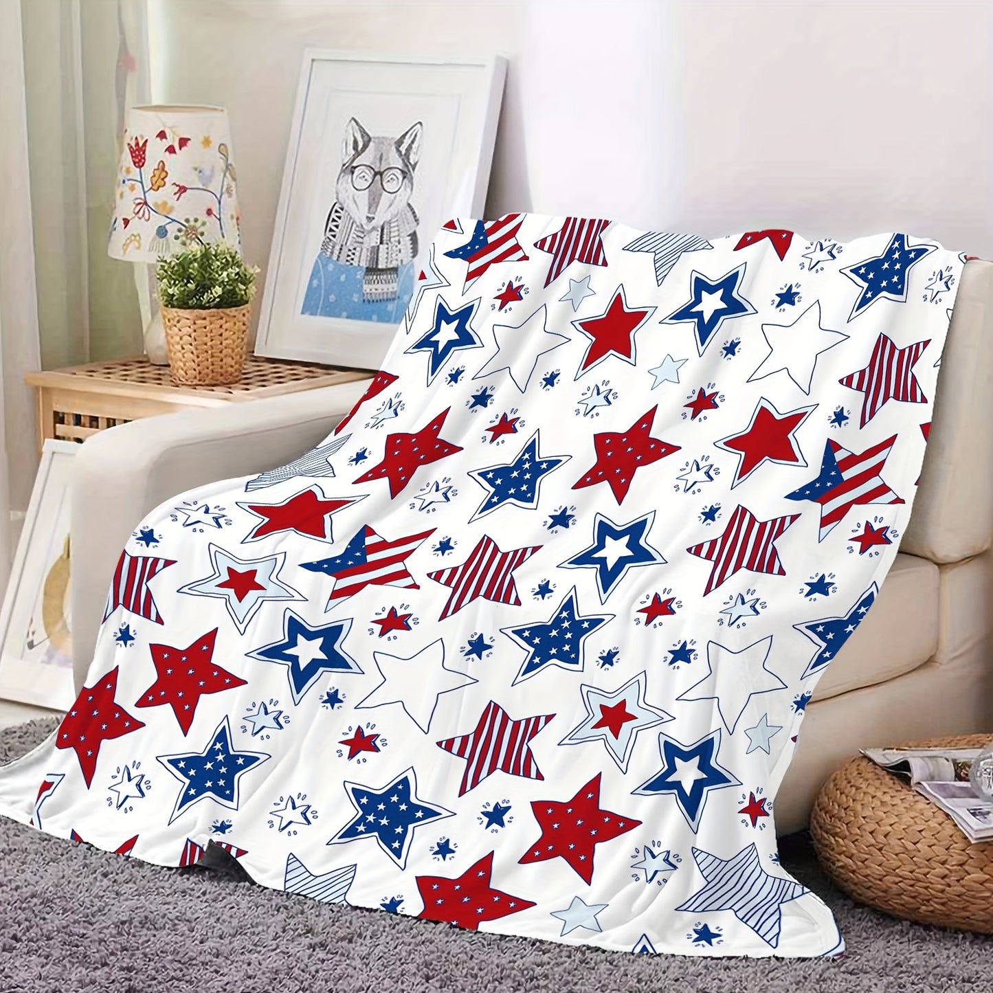 All-Season Patriotic Star Print Fleece Throw Blanket - Machine Washable Cozy Knitted Polyester, Red White & Blue American Flag Design, Soft Flannel Fabric for Home Office Decor, Indoor Outdoor Use, Fleece Blanket, Seasonal De