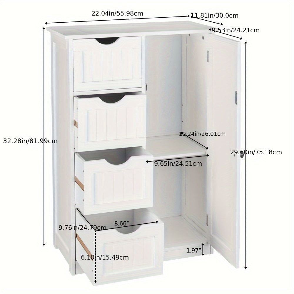 White Bathroom Storage Cabinet With Single Door And 4 Drawers