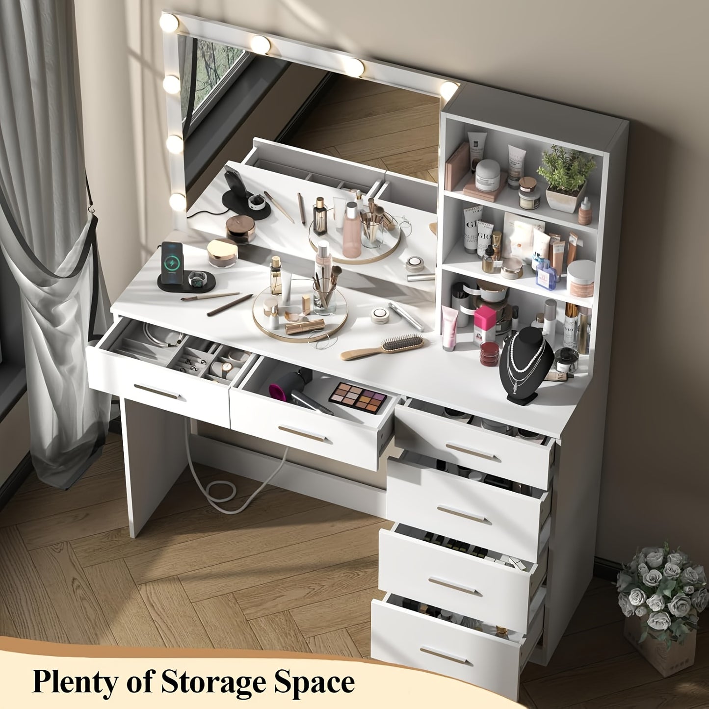 Modern Makeup Vanity Table With Lighted Mirror 6 Drawers 3 Color LED Lights