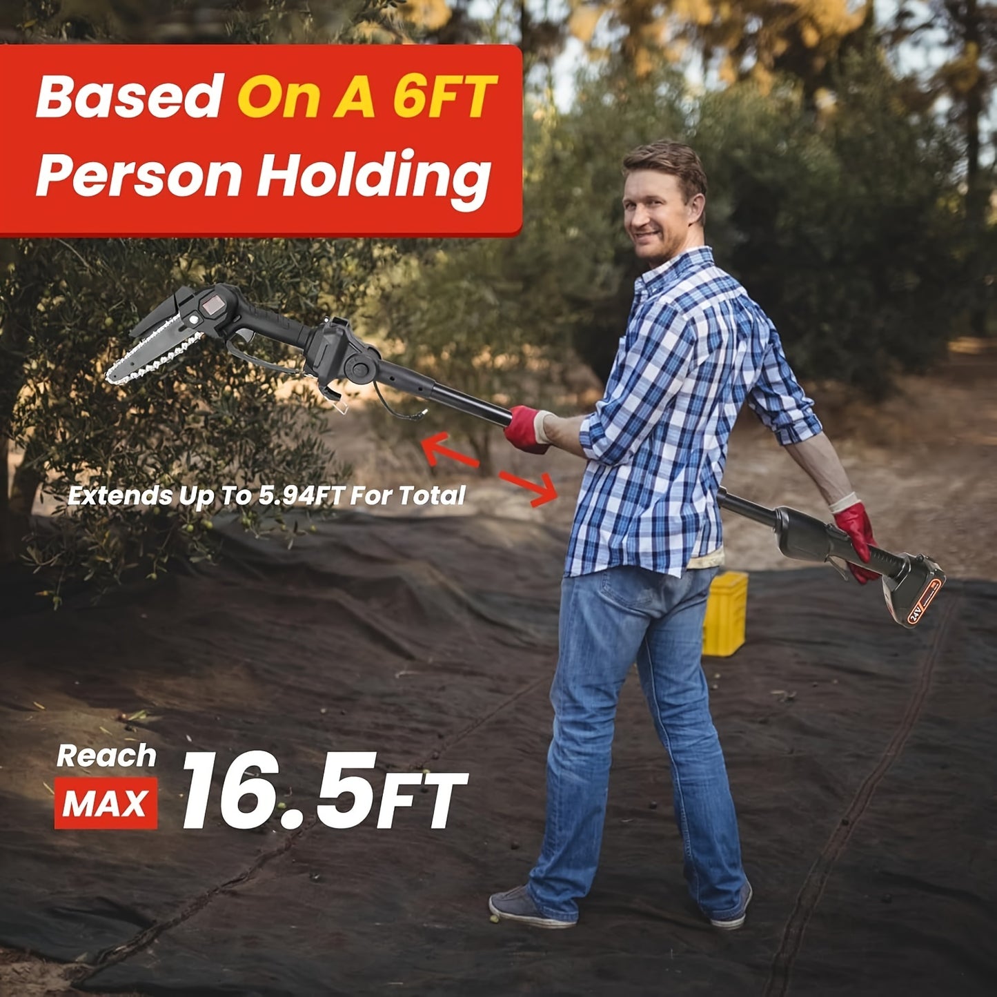 13ft Reach Cordless Pole Saw, 2-in-1 Battery Powered Tree Trimming - Retractable And Foldable Electric Pole Chainsaw - With 2 Chains, 2 Batteries, 3 Extension Rod, 2Pcs 1500mAh Batteries 4in/6in Chains