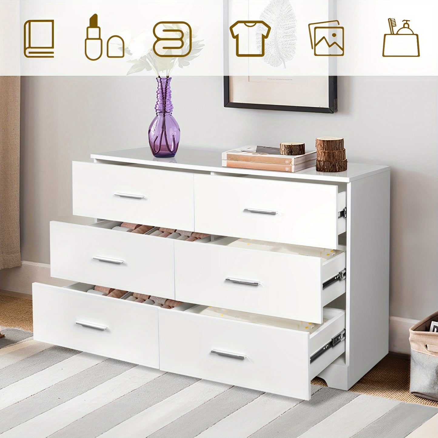 Modern Dresser With 6 Or 8 Deep Drawers For Bedroom Living Room Entryway White