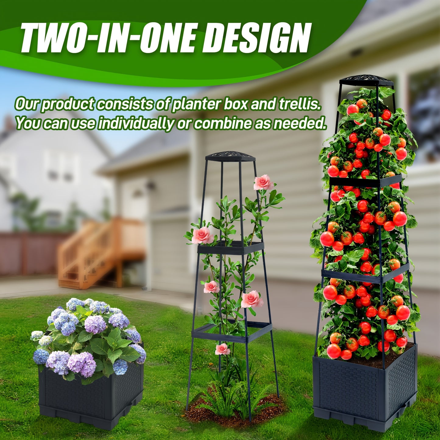 2 Pack 44.8Inch Self-Watering Tomato Planter Box With Trellis, Trapezoidal Climbing Cage For Patio Garden Indoor Outdoor