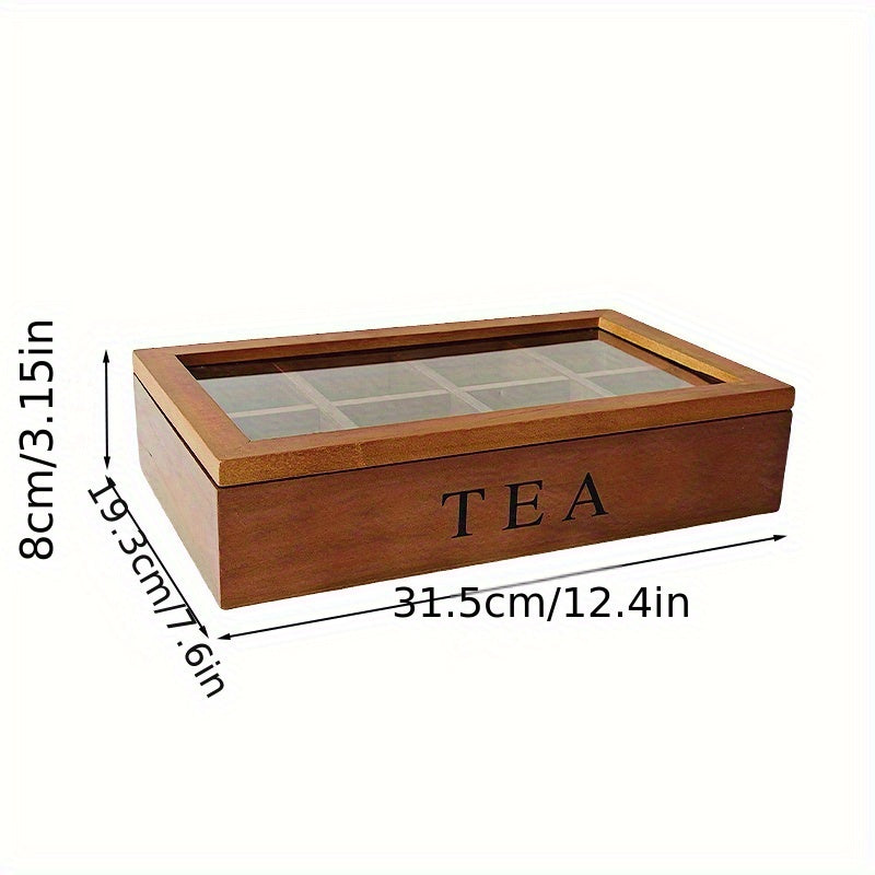 IDUK 8 Grid Solid Wood Tea Bag Organizer With Transparent Flip Top Lid