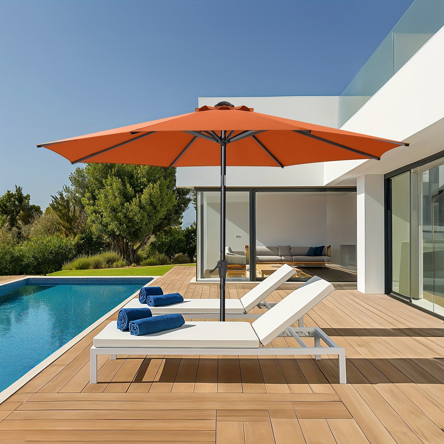 [Outdoor Patio Umbrella] 9ft Outdoor Patio Umbrella | 8 Colors, Push Button Tilt Crank, 8 Iron Umbrella Ribs, For Garden, Deck, Backyard, Pool, Garden Houses (No Base)