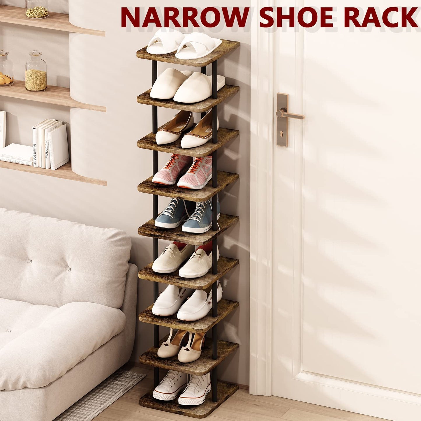 9 Tier Narrow Metal Shoe Rack - Modern Free Standing Vertical Storage Organizer for Closet Entryway Bedroom