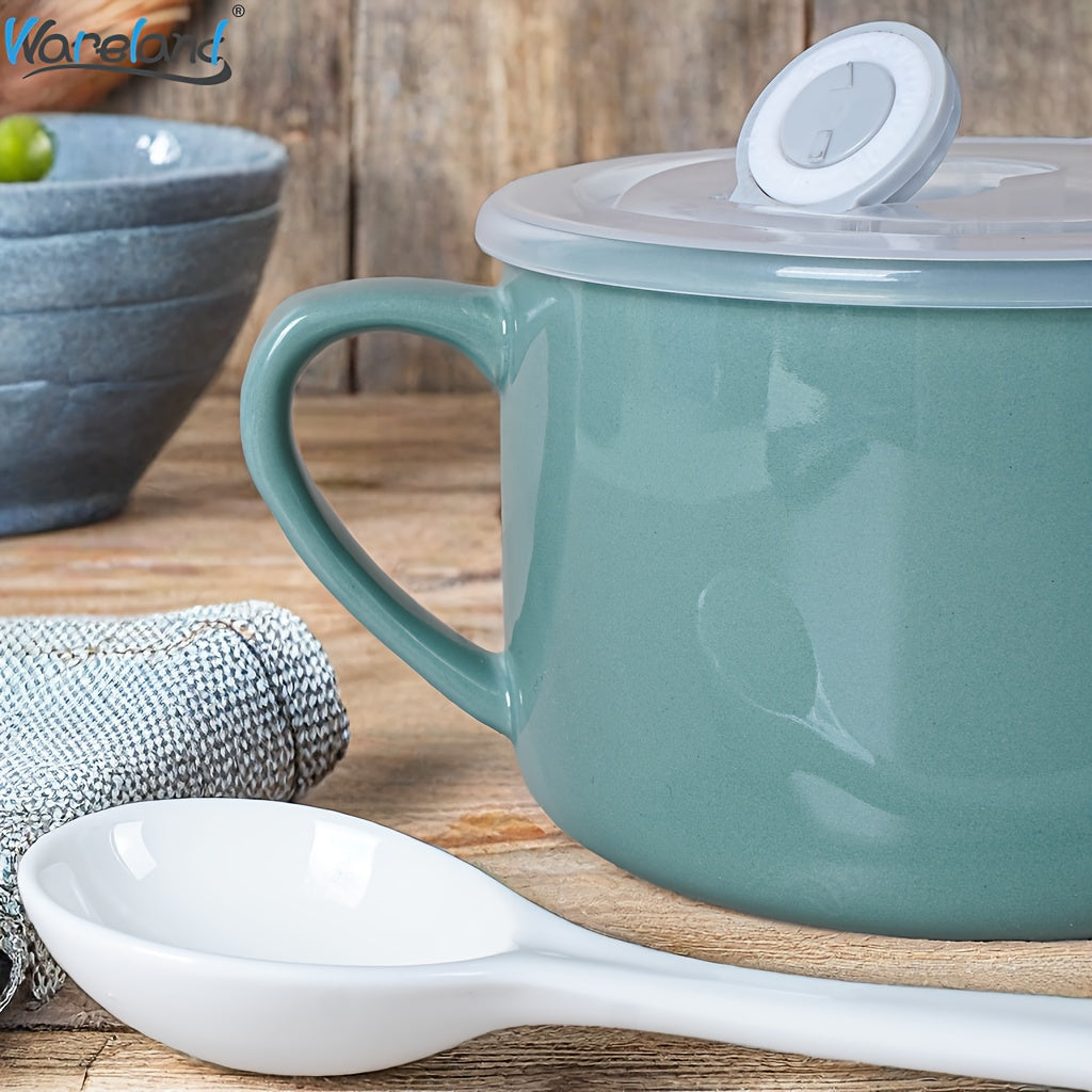 6pcs Soup Bowls with Handles & Spoons, 30oz Ceramic Ramen Bowl with Lid, Large Soup Mugs/Cups for Instant Noodle, Big Cereal Bowls for Oatmeal, Salad Containers with Lids, Mother's Day/Valentine's Day Gift