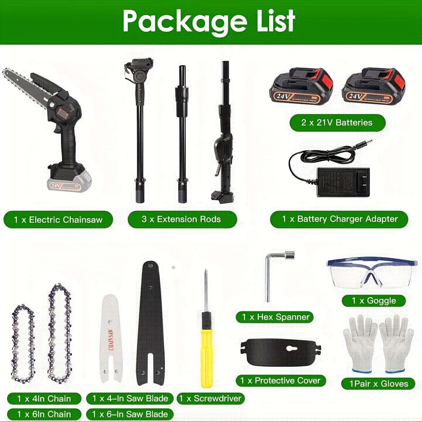 13ft Reach Cordless Pole Saw, 2-in-1 Battery Powered Tree Trimming - Retractable And Foldable Electric Pole Chainsaw - With 2 Chains, 2 Batteries, 3 Extension Rod, 2Pcs 1500mAh Batteries 4in/6in Chains