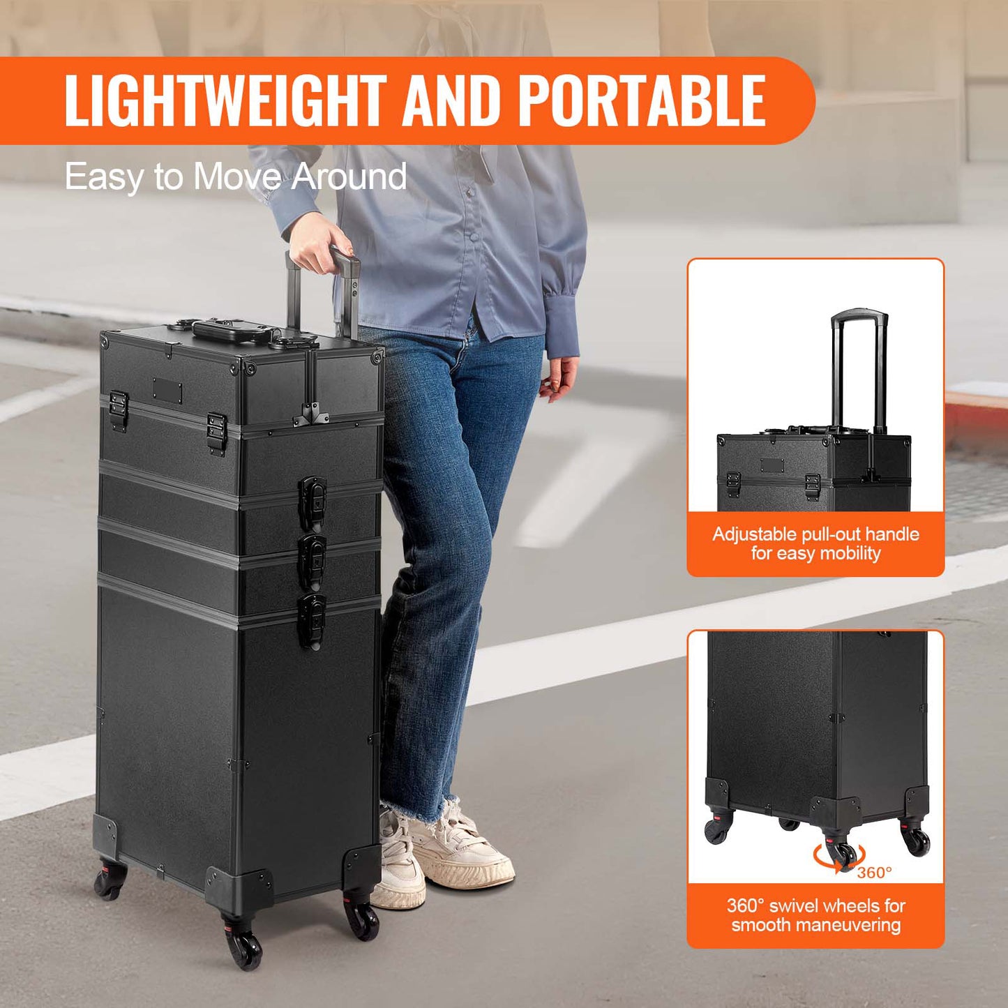 VEVOR 5 In 1 Extra Large Professional Makeup Train Case Rolling Case Black