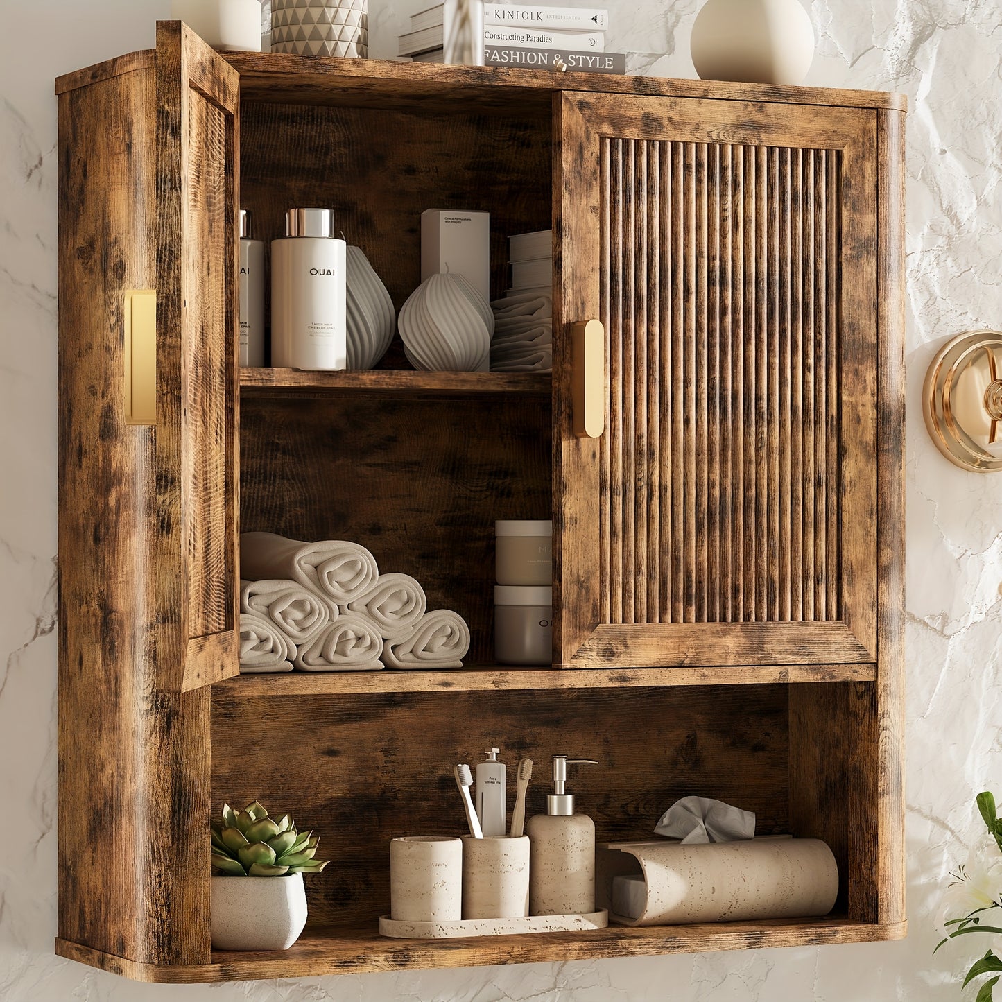 Natural Oak Wood Doors Over Toilet Storage Cabinet With Adjustable Shelves